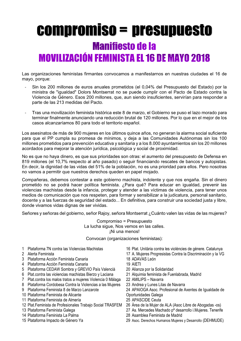 Manifiesto De La Manifestación Feminista Del 16 De Mayo De 2018