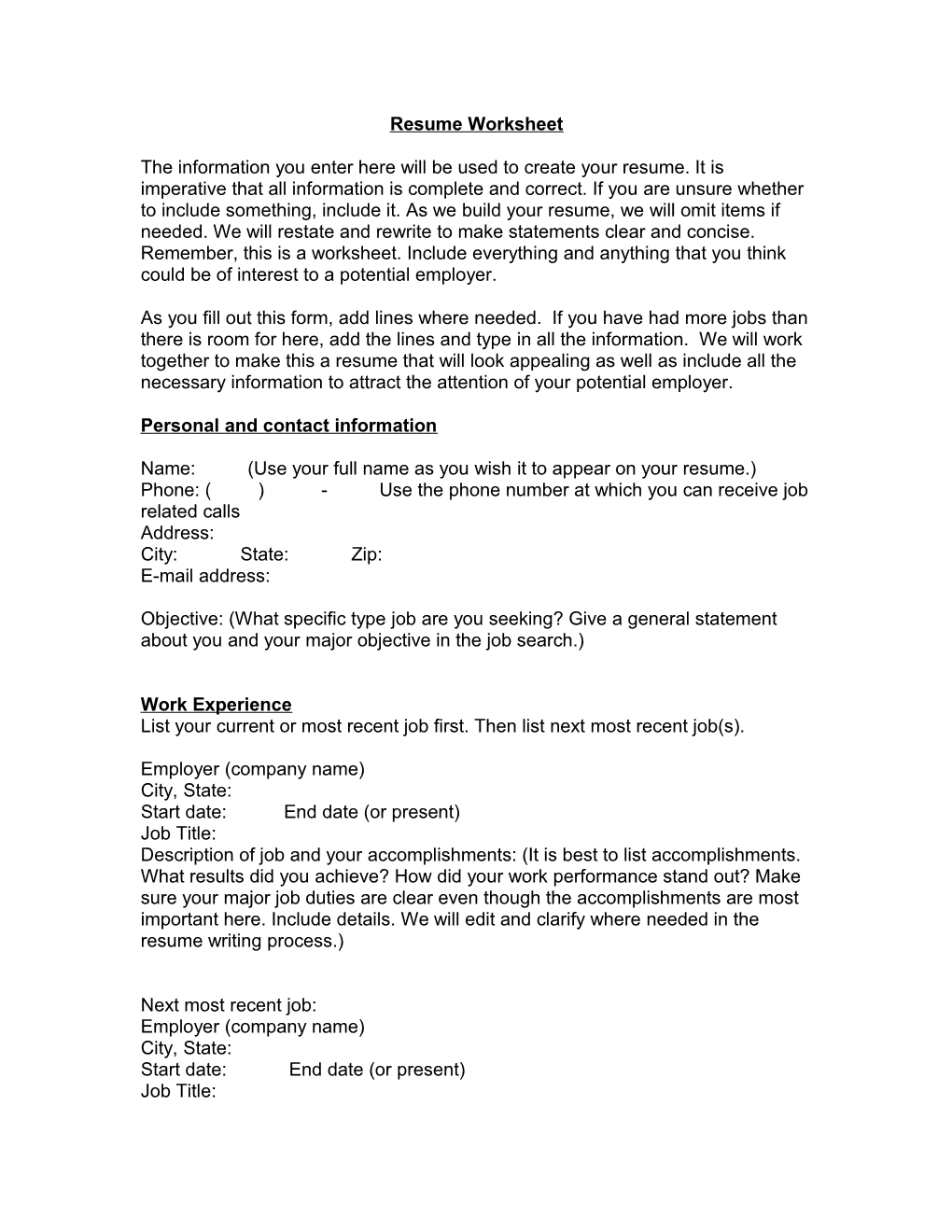 Resume Worksheet s2