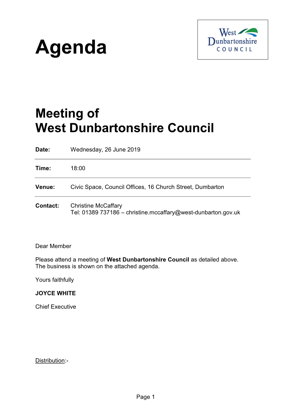 Agenda Meeting of West Dunbartonshire Council