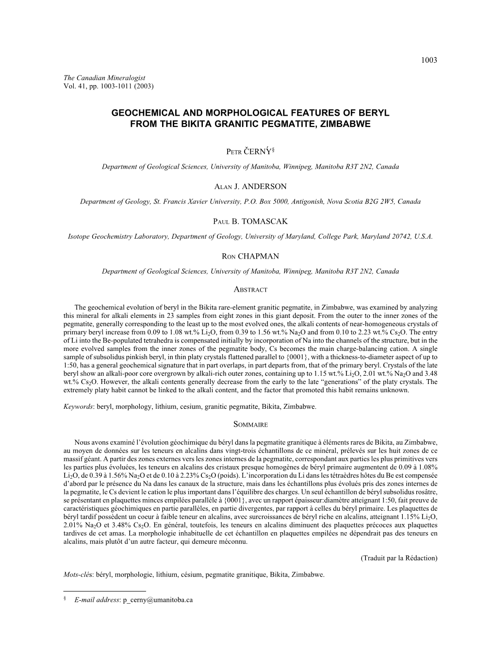 Geochemical and Morphological Features of Beryl from the Bikita Granitic Pegmatite, Zimbabwe