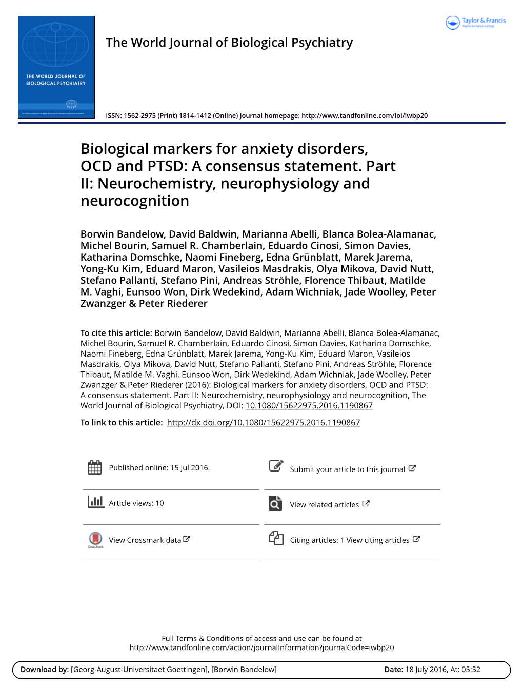 Biological Markers for Anxiety Disorders, OCD and PTSD: a Consensus Statement