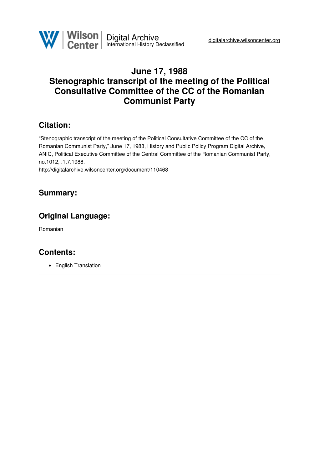 June 17, 1988 Stenographic Transcript of the Meeting of the Political Consultative Committee of the CC of the Romanian Communist Party