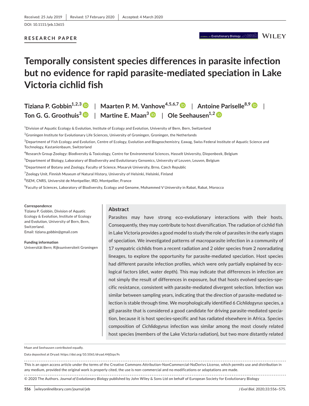 Temporally Consistent Species Differences in Parasite Infection but No Evidence for Rapid Parasite-Mediated Speciation in Lake Victoria Cichlid Fish