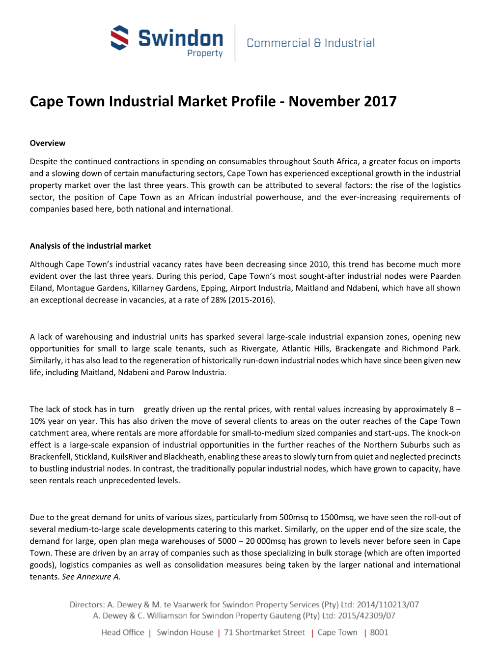 Cape Town Industrial Market Profile - November 2017