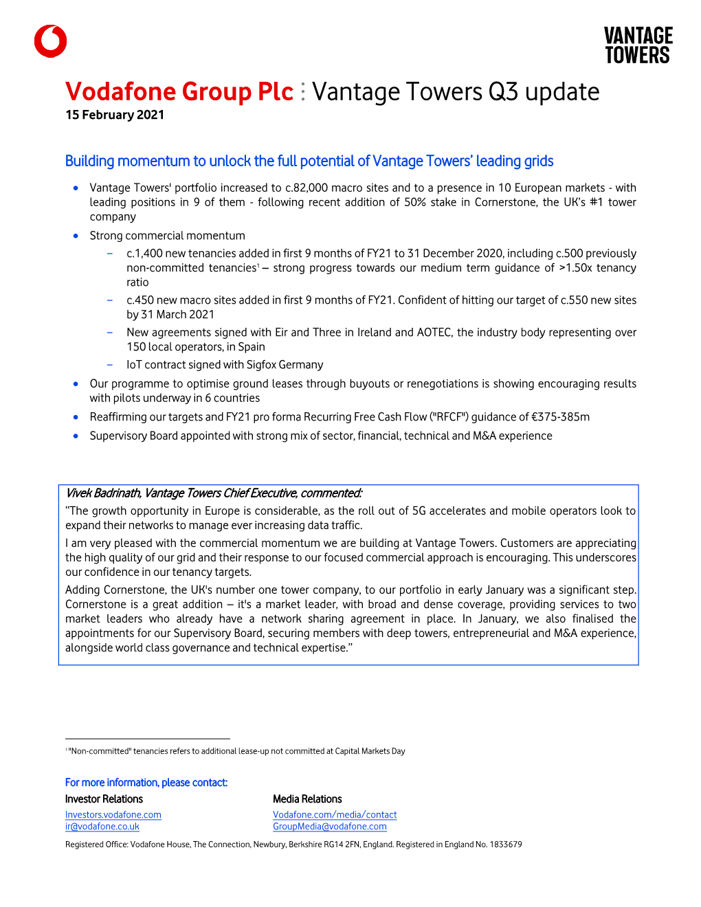 Vodafone Group Plc Vantage Towers Q3 Update