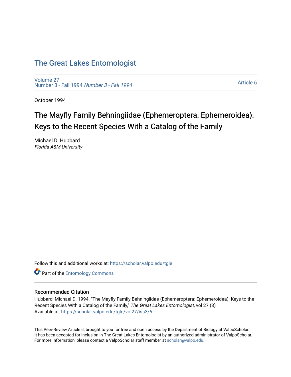 Ephemeroptera: Ephemeroidea): Keys to the Recent Species with a Catalog of the Family