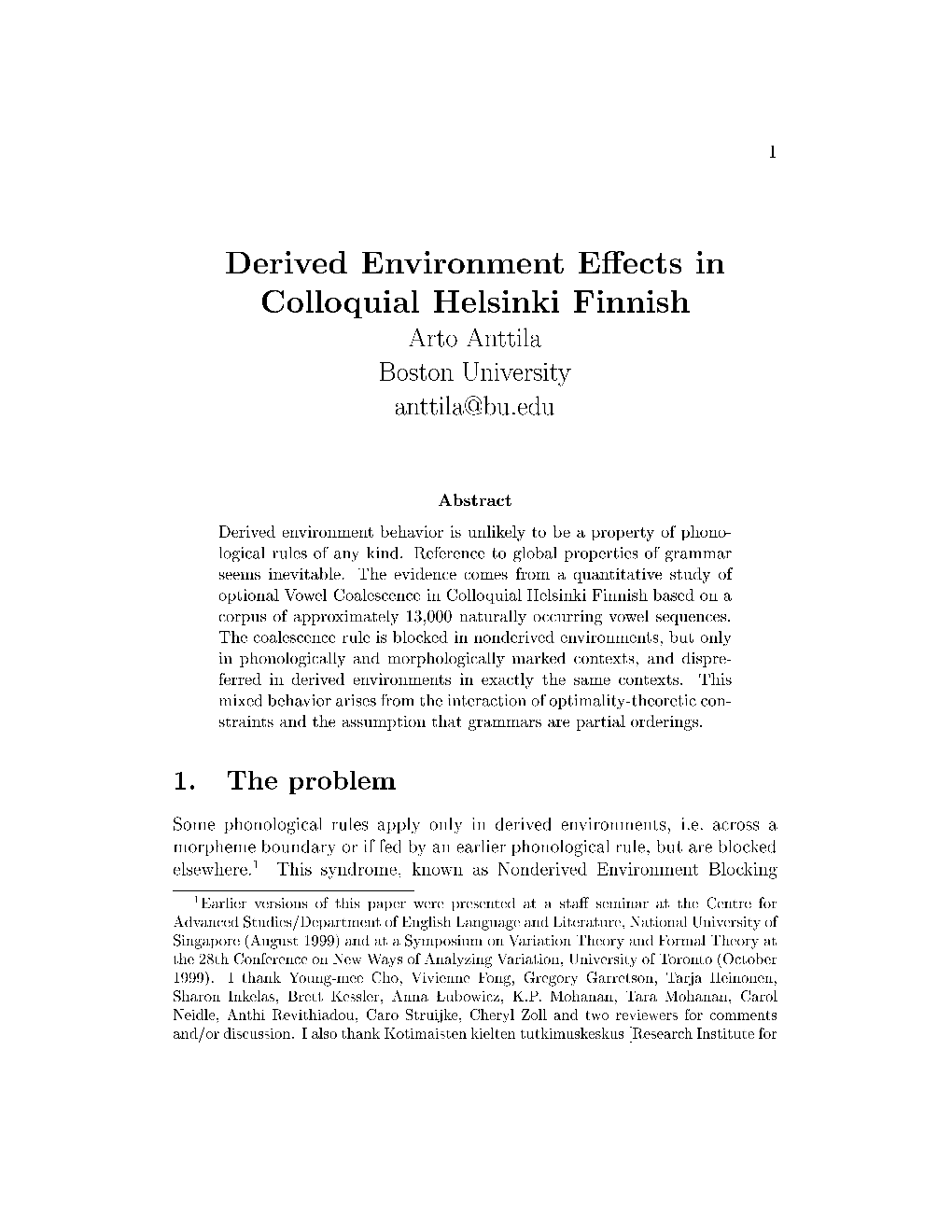 Derived Environment Effects in Colloquial Helsinki Finnish