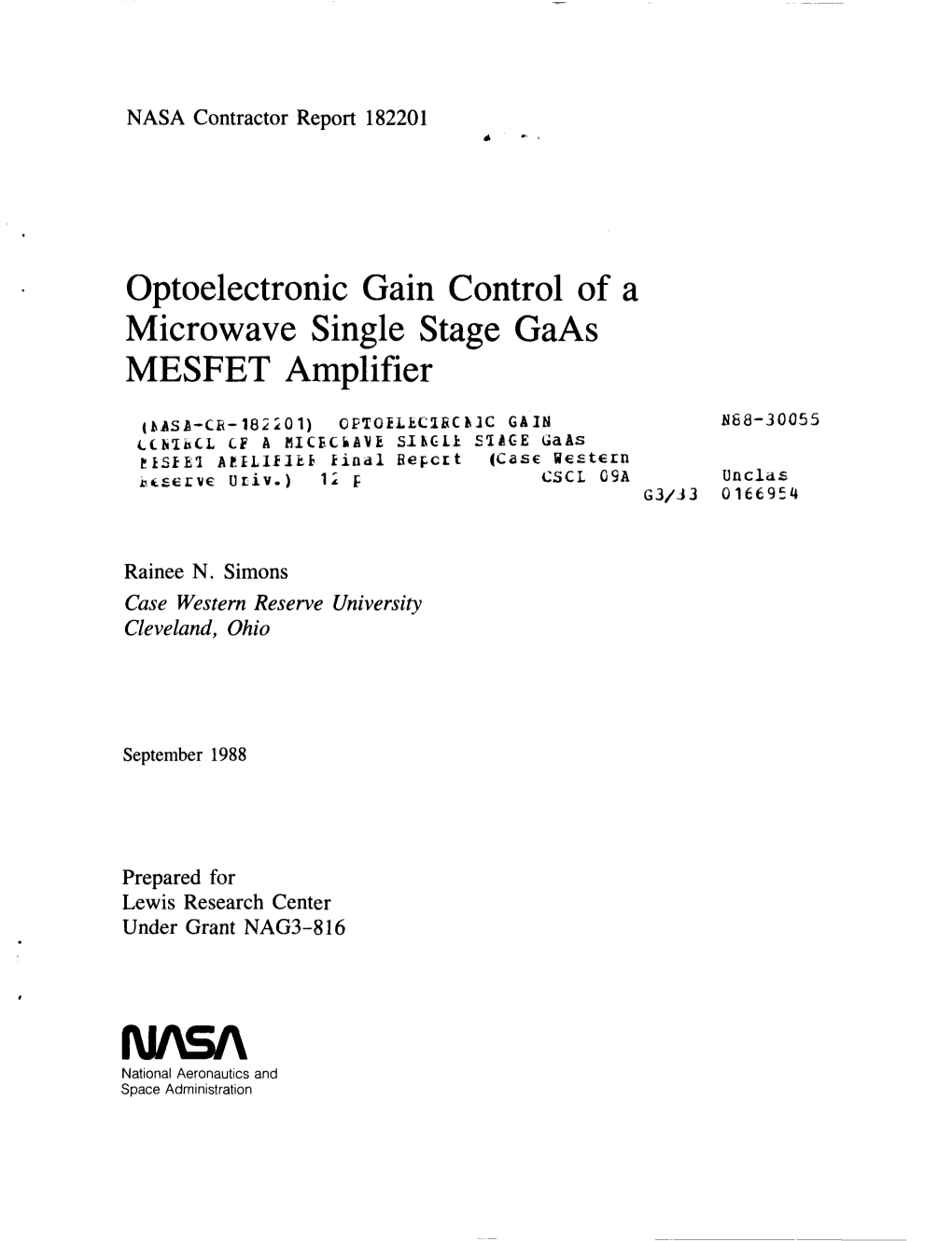 Optoelectronic Gain Control of a Microwave Single Stage Gaas MESFET Amplifier