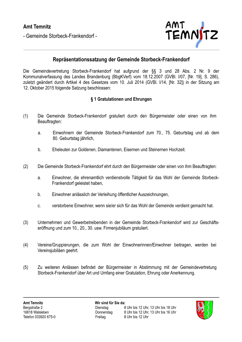 Repräsentationssatzung Der Gemeinde Storbeck-Frankendorf