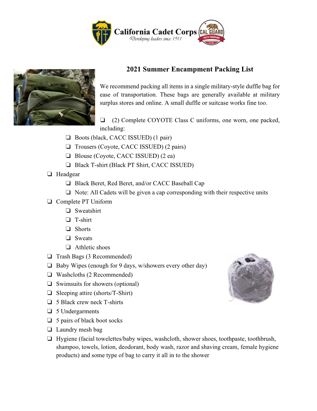 2021 Summer Encampment Packing List