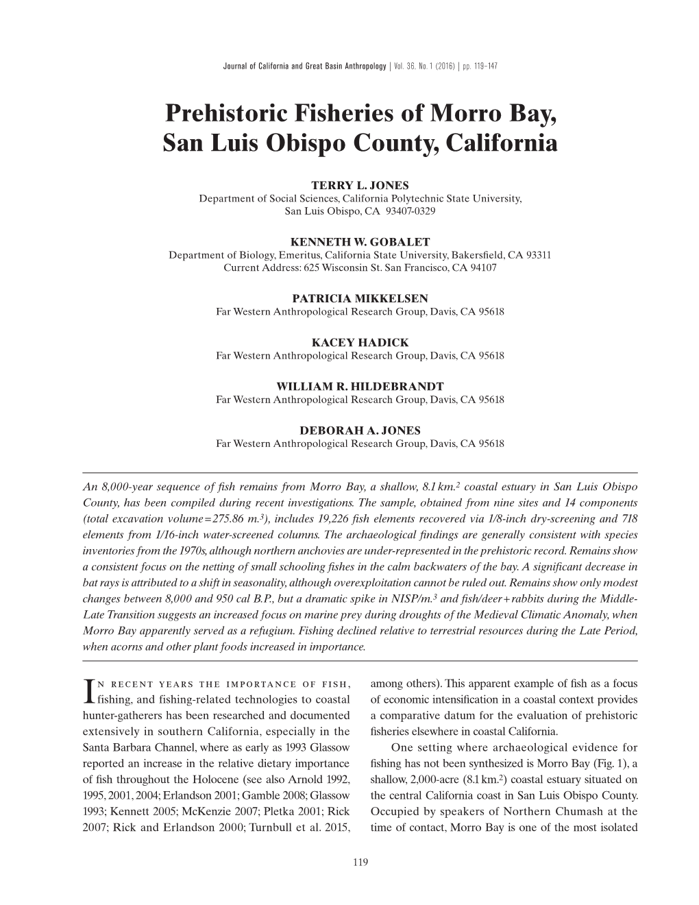 Prehistoric Fisheries of Morro Bay, San Luis Obispo County, California