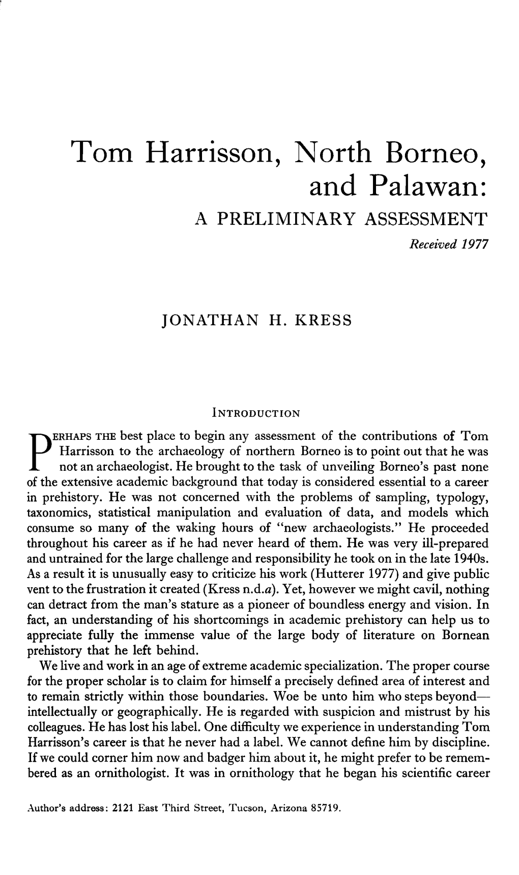 Tom Harrisson, North Borneo, and Palawan: a PRELIMINARY ASSESSMENT Received 1977