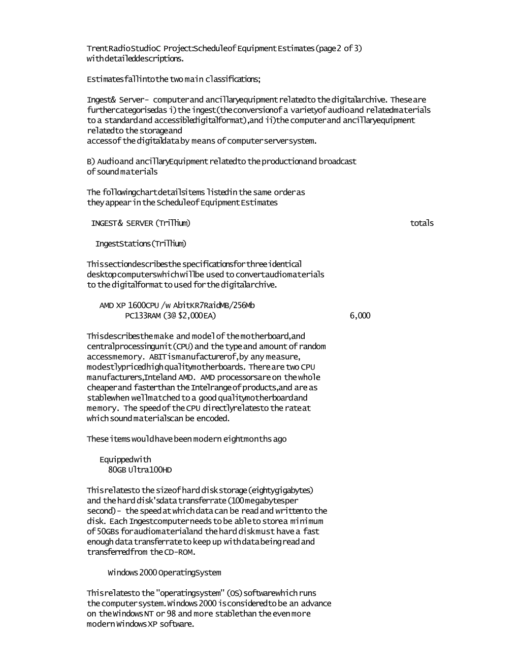 Trent Radio Studio C Project: Schedule of Equipment Estimates (Page 2 of 3)