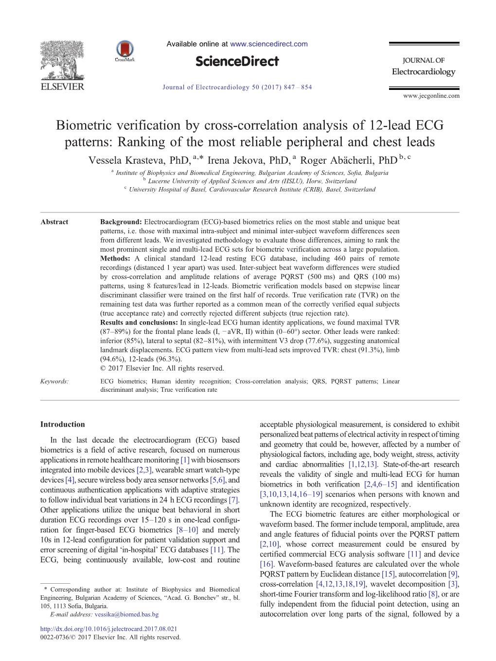 Biometric Verification by Cross-Correlation Analysis of 12-Lead ECG Patterns: Ranking of the Most Reliable Peripheral and Chest