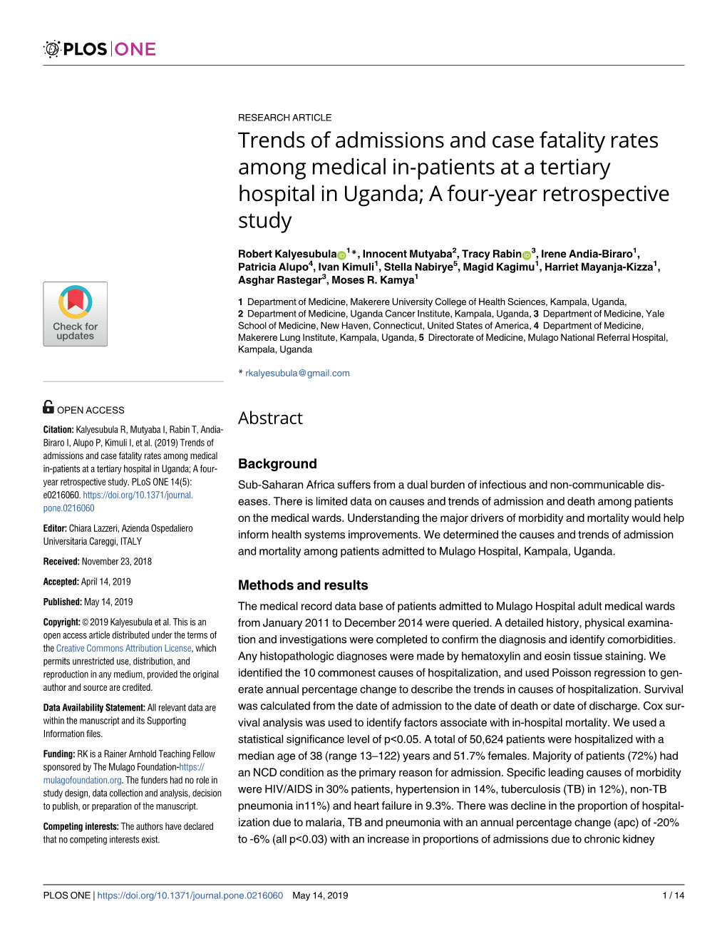 Trends of Admissions and Case Fatality Rates Among Medical In-Patients at a Tertiary Hospital in Uganda; a Four-Year Retrospective Study