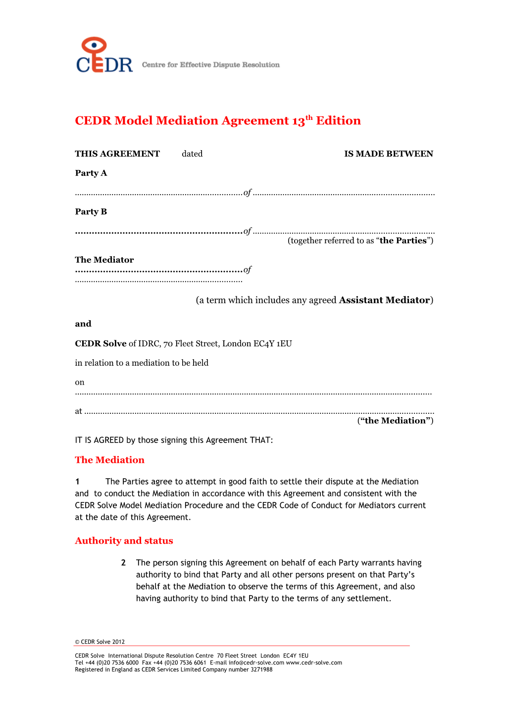 CEDR Model Mediation Agreement 13Th Edition