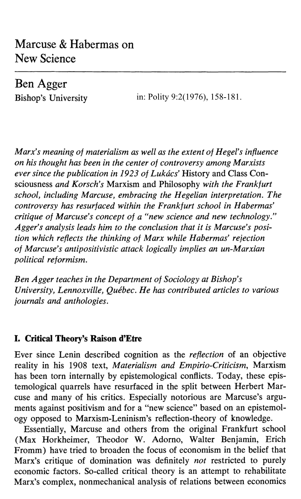 Marcuse & Habermas on New Science Ben Agger
