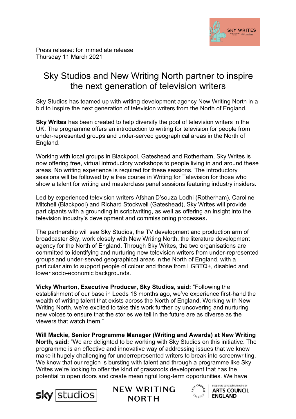 Sky Studios and New Writing North Partner to Inspire the Next Generation of Television Writers