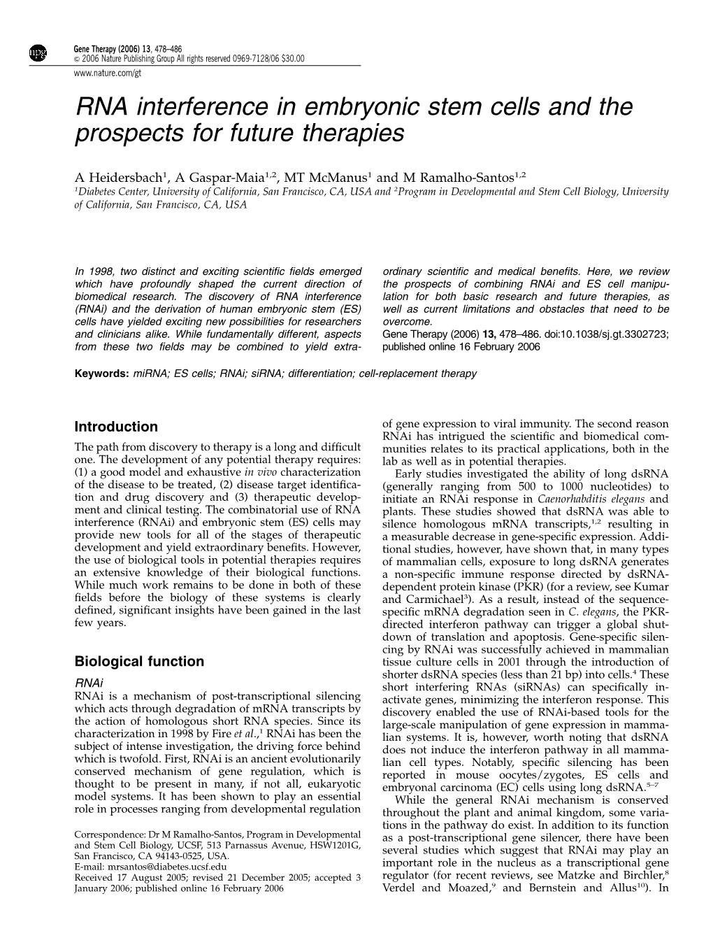 RNA Interference in Embryonic Stem Cells and the Prospects for Future Therapies