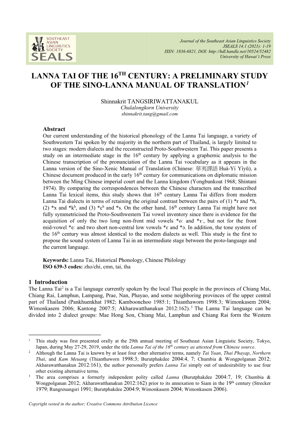Lanna Tai of the 16Th Century: a Preliminary Study of the Sino-Lanna Manual of Translation1
