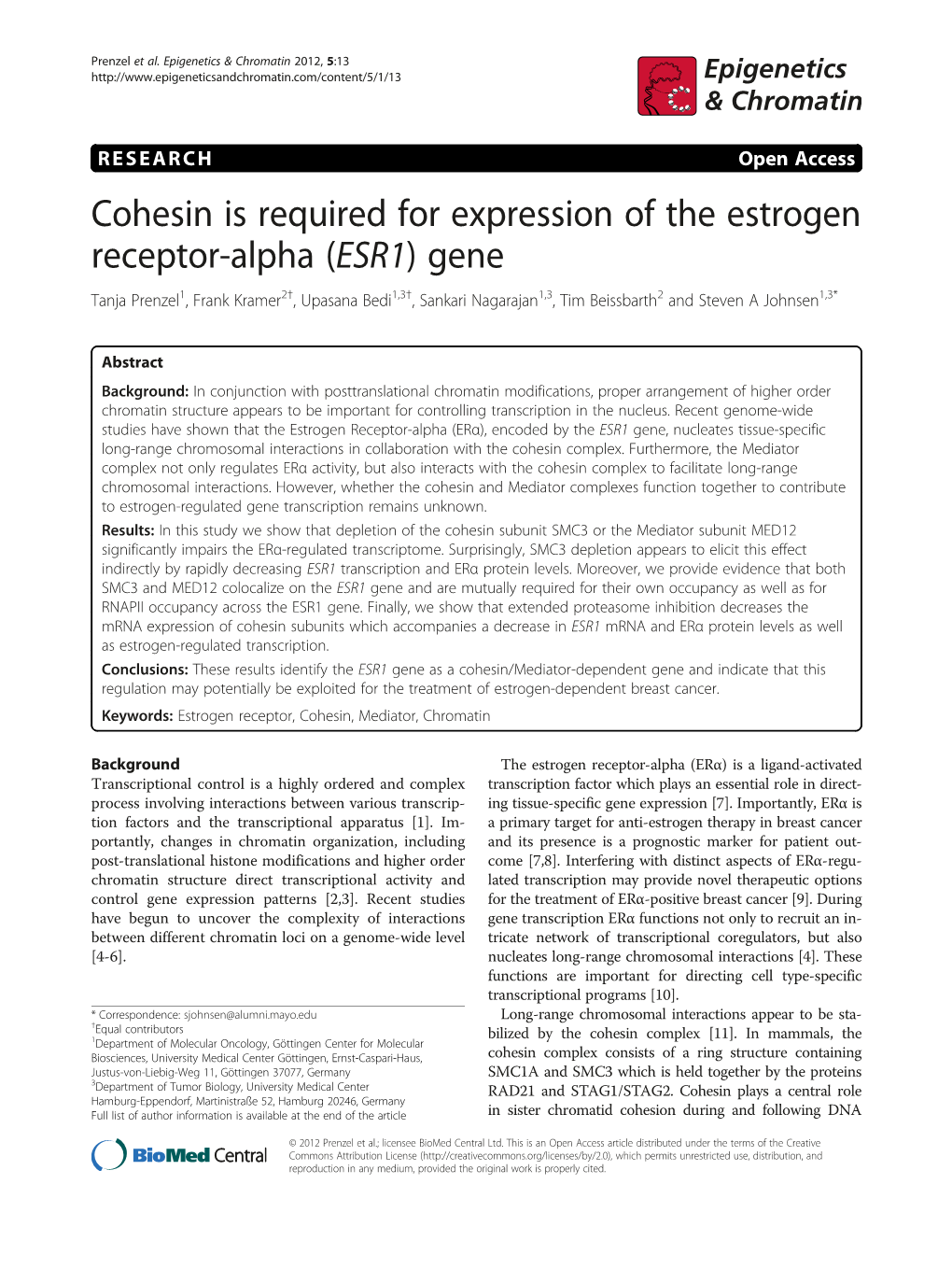 Cohesin Is Required for Expression of the Estrogen Receptor-Alpha (ESR1