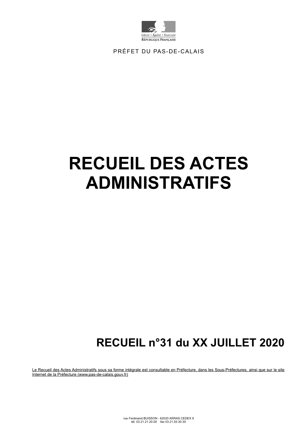 Recueil Des Actes Administratifs N°31 En Date Du 09 Juillet 2020