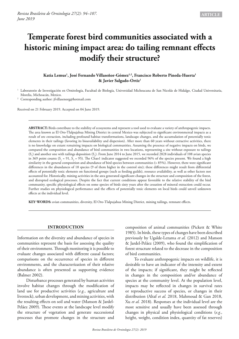 Temperate Forest Bird Communities Associated with a Historic Mining Impact Area: Do Tailing Remnant Effects Modify Their Structure?