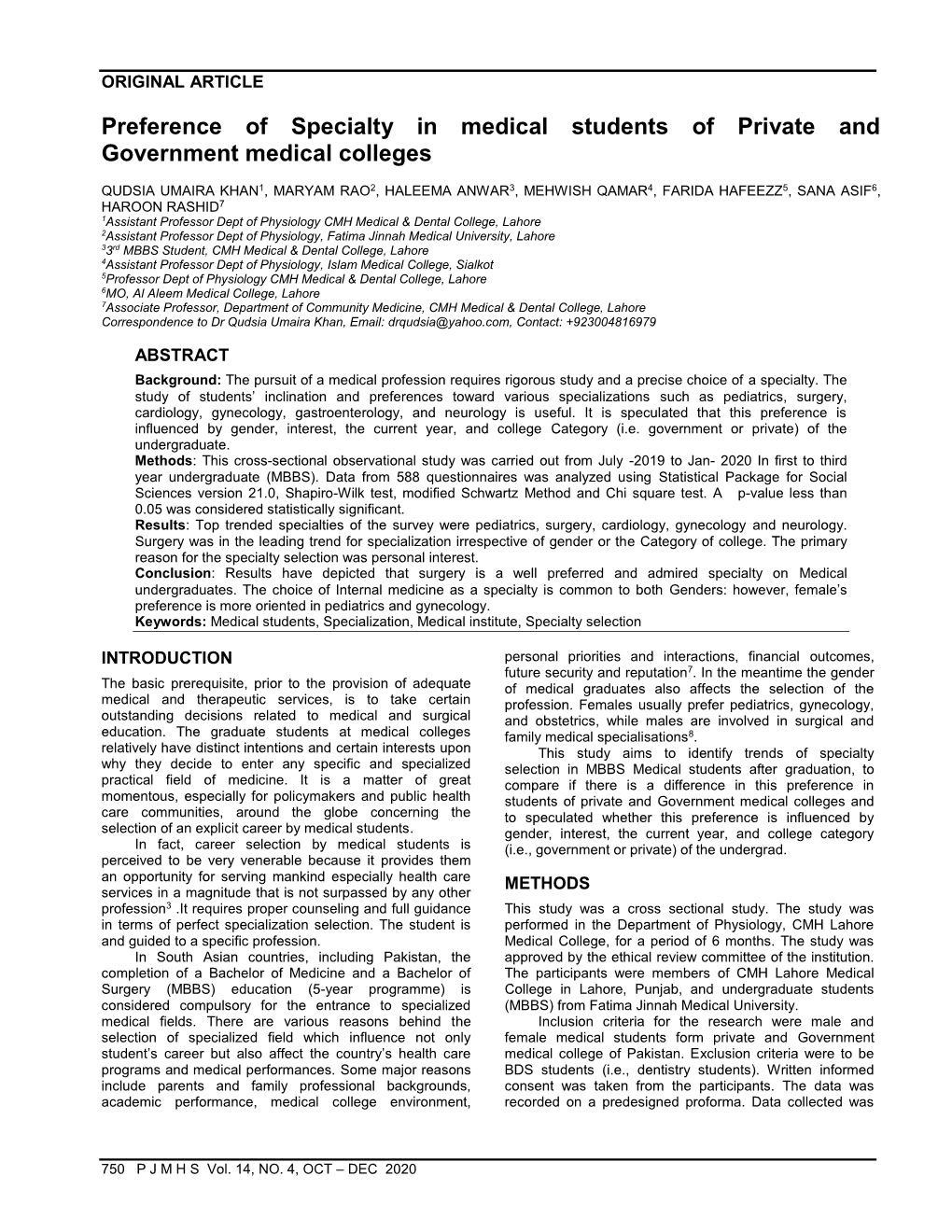 Preference of Specialty in Medical Students of Private and Government Medical Colleges
