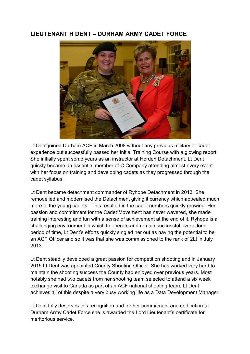 Lieutenant H Dent – Durham Army Cadet Force