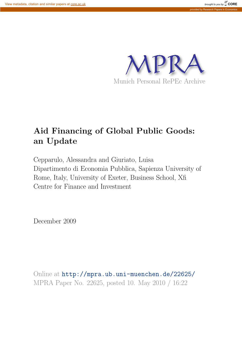 Aid Financing of Global Public Goods: an Update