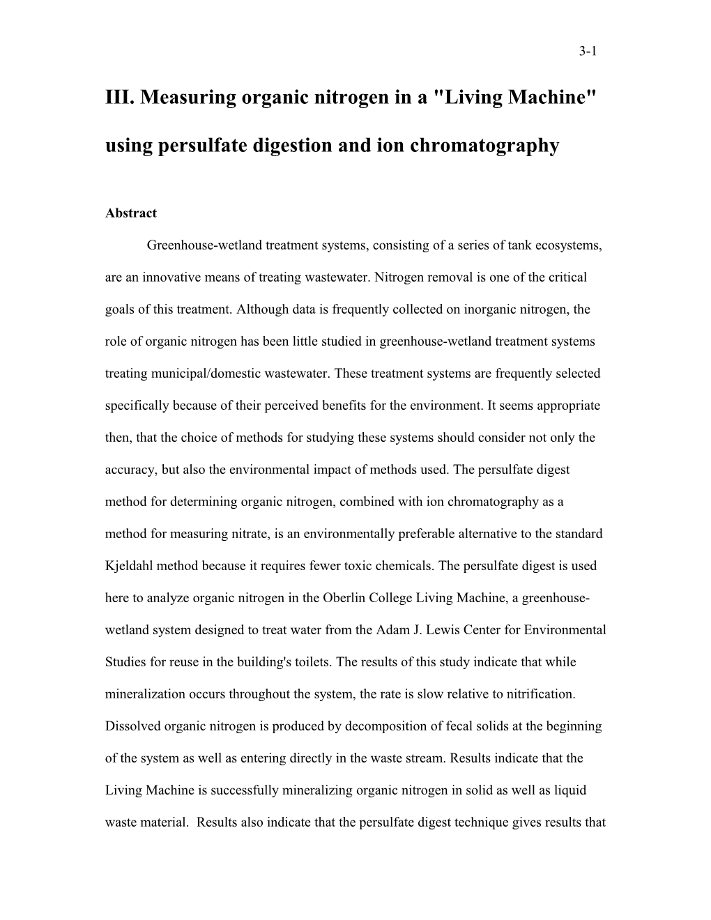 III. Measuring Organic Nitrogen in a Living Machine Using Persulfate Digestion and Ion