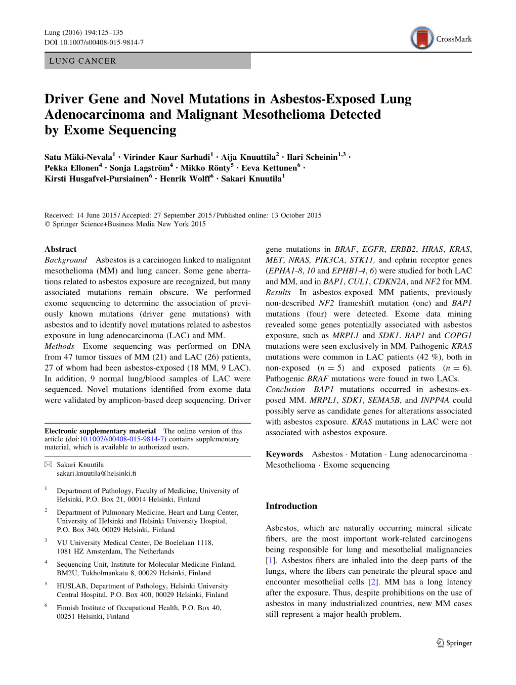 Driver Gene and Novel Mutations in Asbestos-Exposed Lung Adenocarcinoma and Malignant Mesothelioma Detected by Exome Sequencing