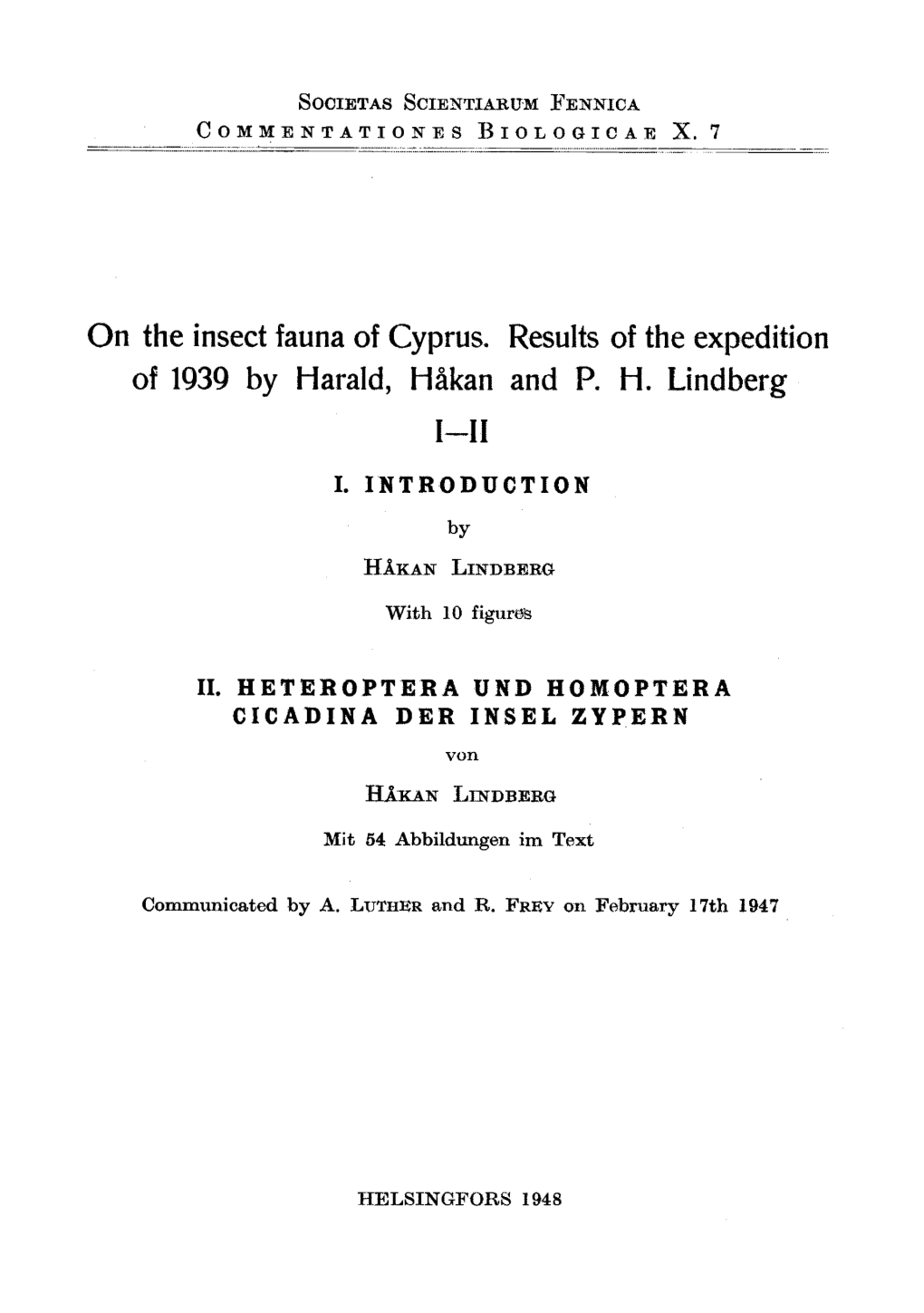 On the Insect-Fauna of Cyprus. Results of the Expedition of 1939 by Harald