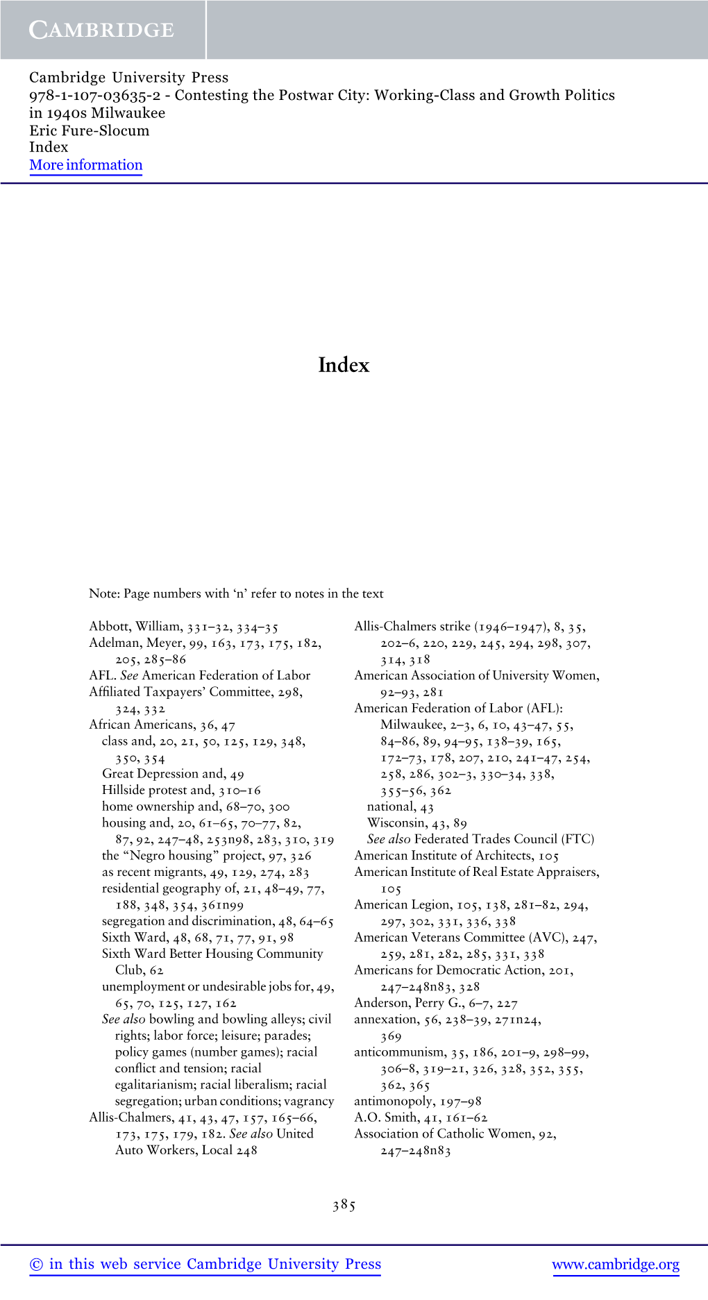 Contesting the Postwar City: Working-Class and Growth Politics in 1940S Milwaukee Eric Fure-Slocum Index More Information