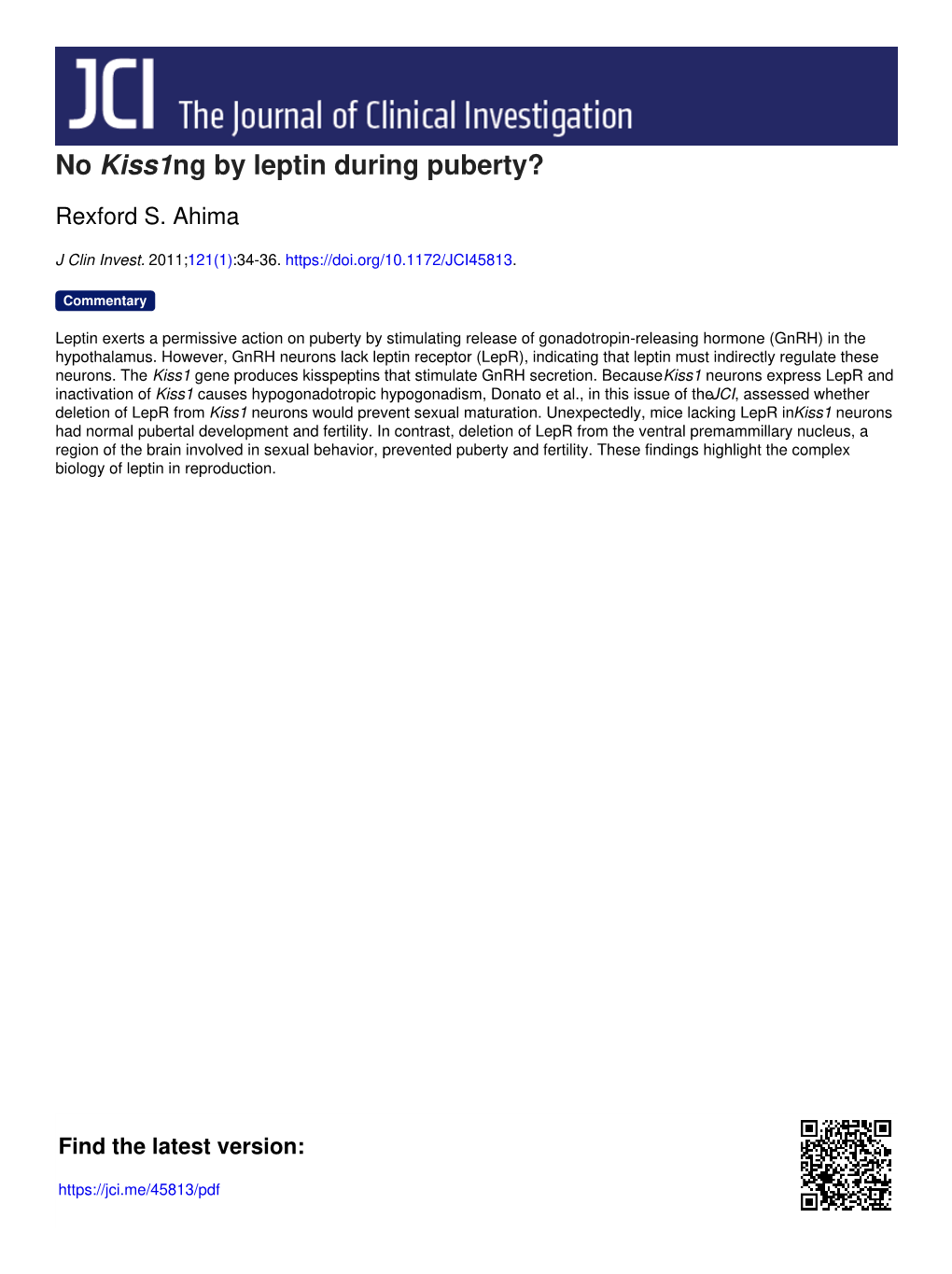 No Kiss1ng by Leptin During Puberty?