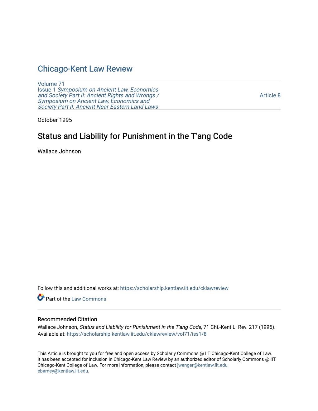 Status and Liability for Punishment in the T'ang Code