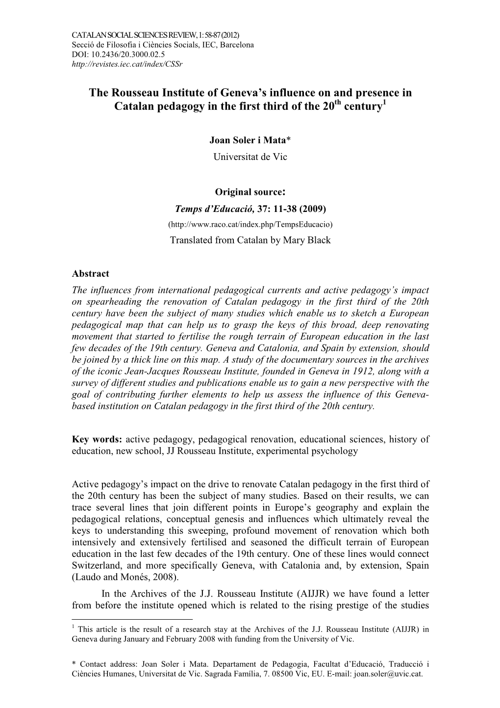 The Rousseau Institute of Geneva's Influence on and Presence in Catalan Pedagogy in the First Third of the 20 Century