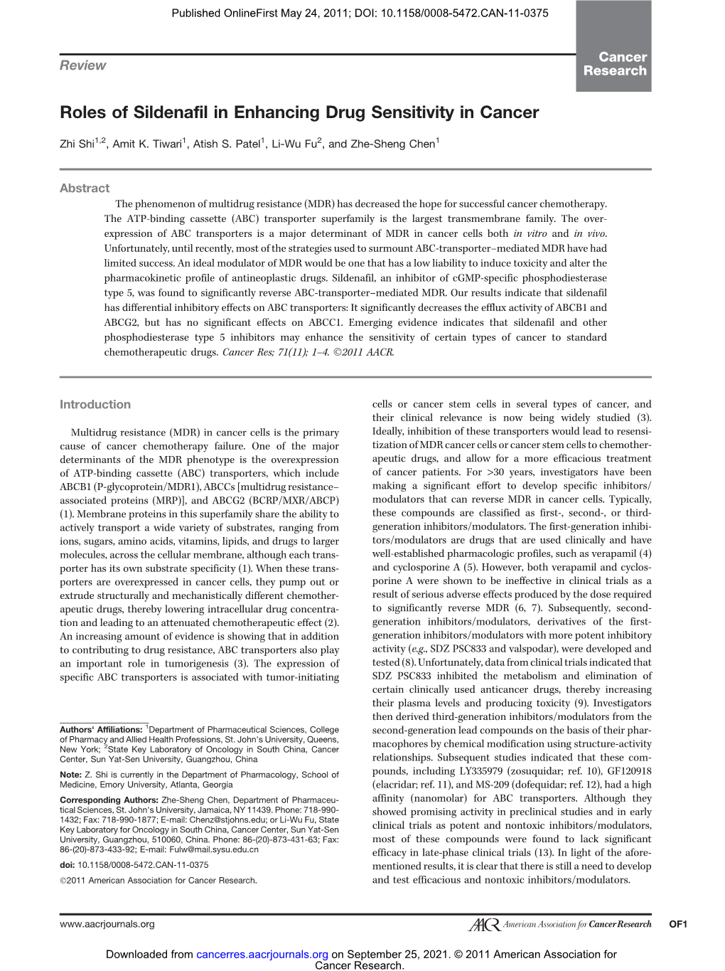 Roles of Sildenafil in Enhancing Drug Sensitivity in Cancer