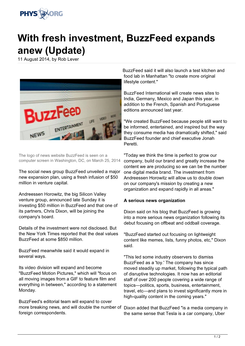 With Fresh Investment, Buzzfeed Expands Anew (Update) 11 August 2014, by Rob Lever