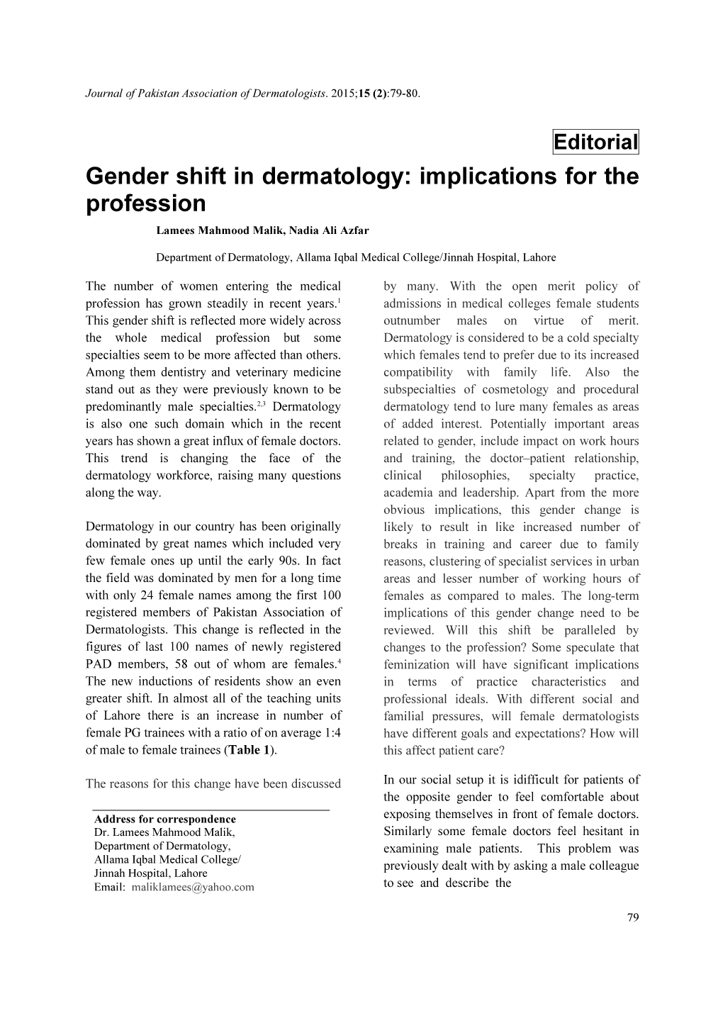 Gender Shift in Dermatology: Implications for the Profession Lamees Mahmood Malik, Nadia Ali Azfar