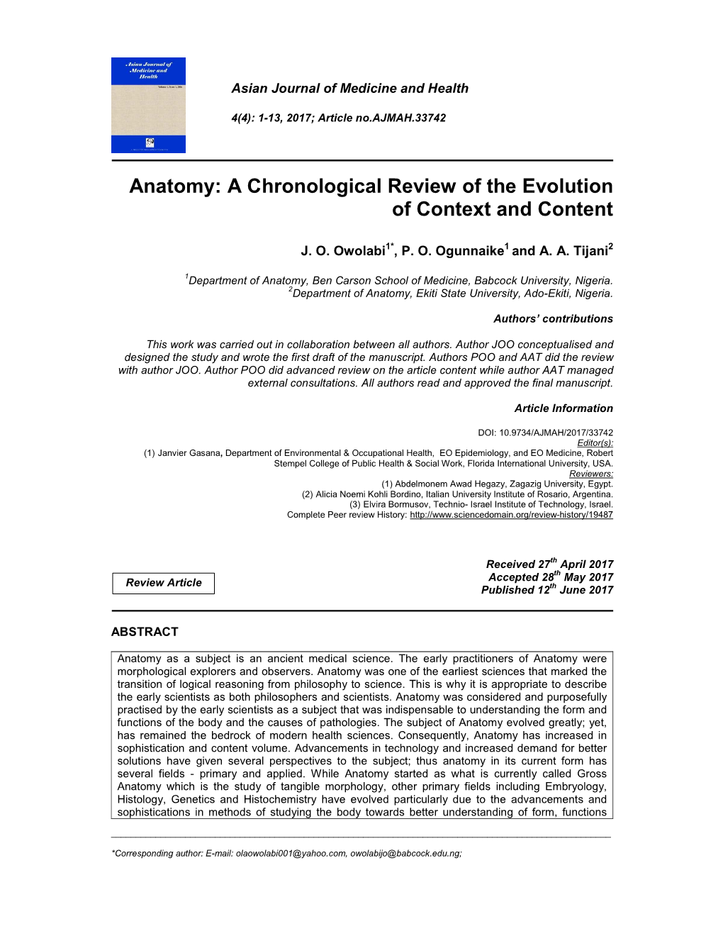 Anatomy: a Chronological Review of the Evolution of Context and Content