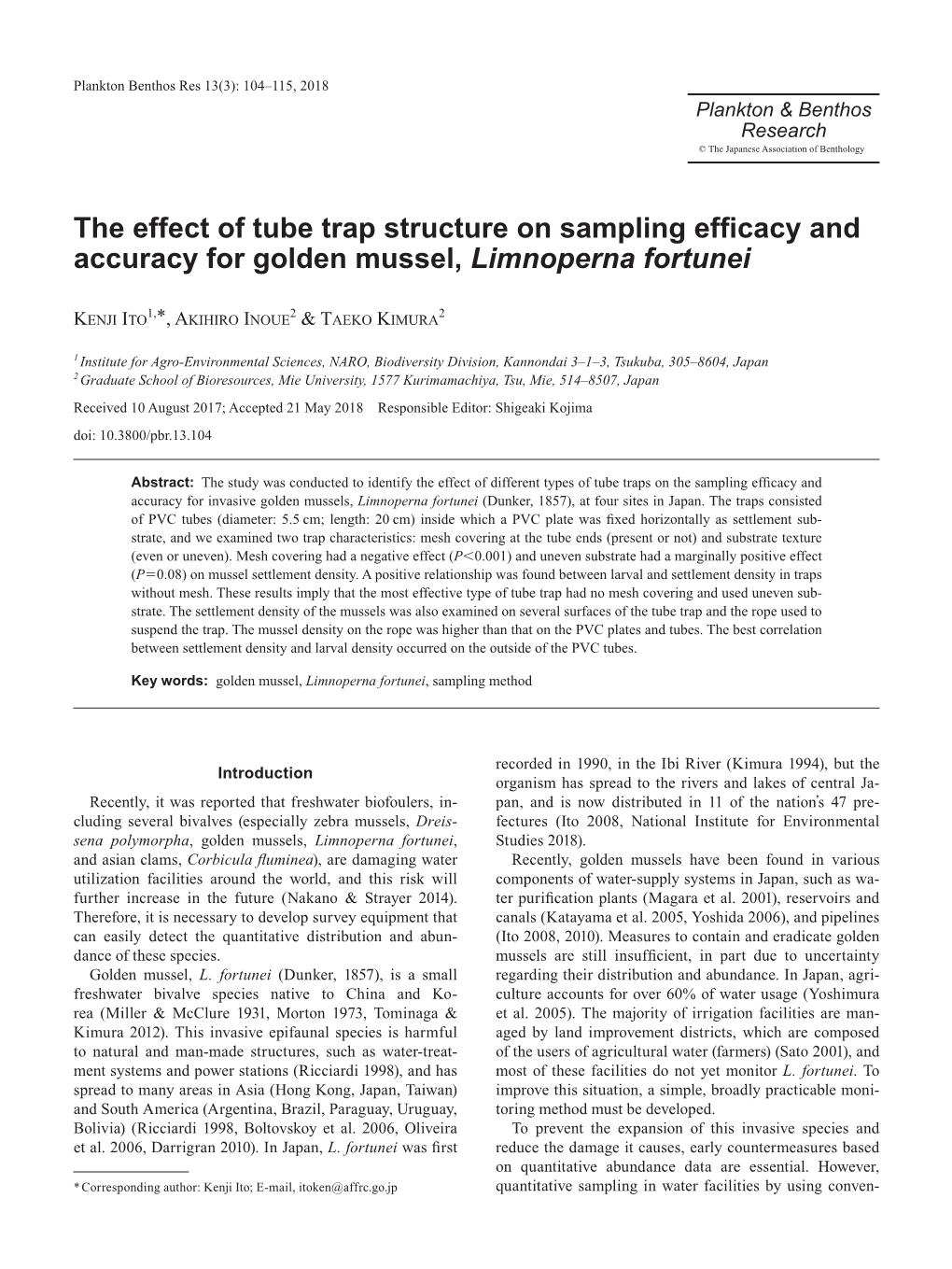 The Effect of Tube Trap Structure on Sampling Efficacy and Accuracy for Golden Mussel, Limnoperna Fortunei