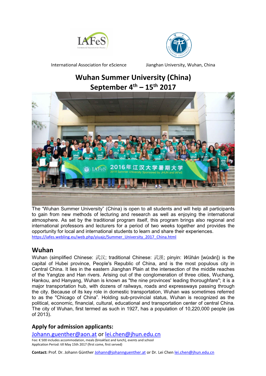 Wuhan Summer University (China) September 4Th – 15Th 2017