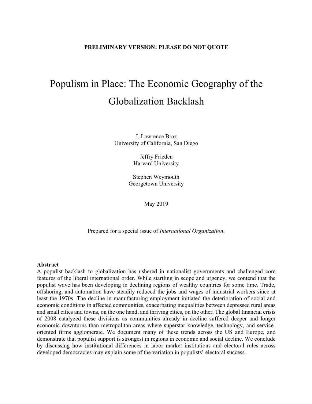 Populism in Place: the Economic Geography of the Globalization Backlash