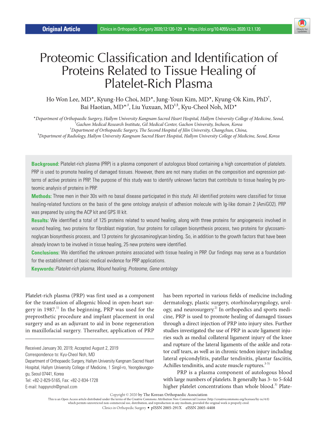 Proteomic Classification and Identification of Proteins Related to Tissue Healing of Platelet-Rich Plasma