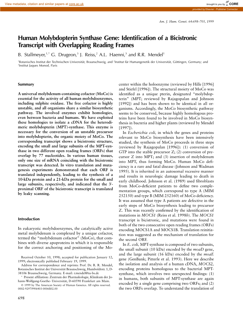 Human Molybdopterin Synthase Gene: Identification of a Bicistronic