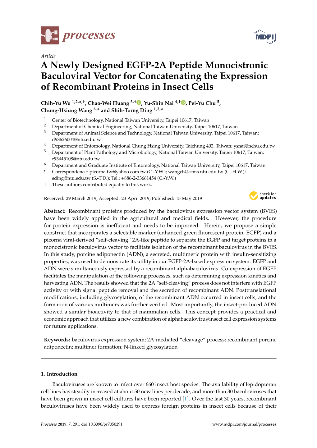 A Newly Designed EGFP-2A Peptide Monocistronic Baculoviral Vector for Concatenating the Expression of Recombinant Proteins in Insect Cells