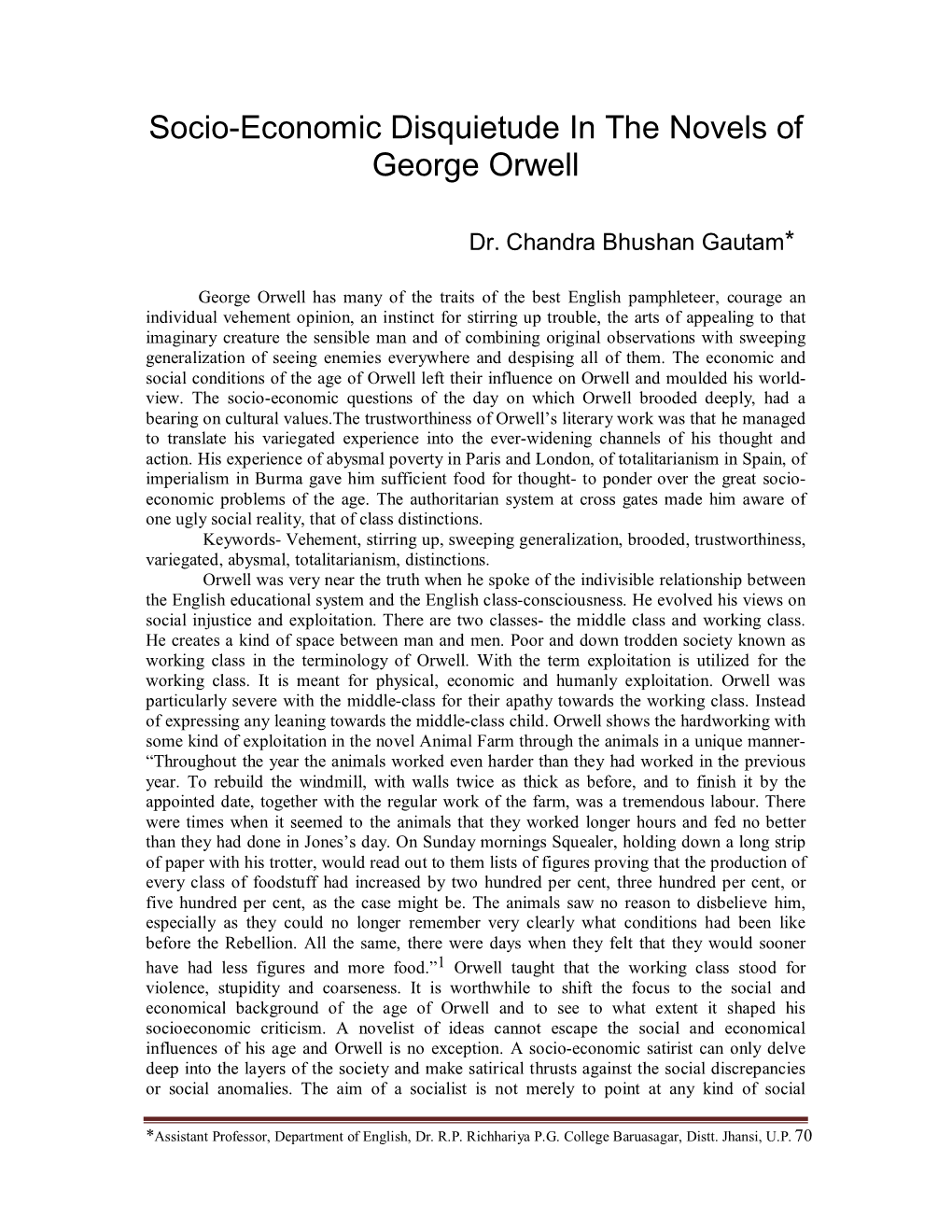 Socio-Economic Disquietude in the Novels of George Orwell