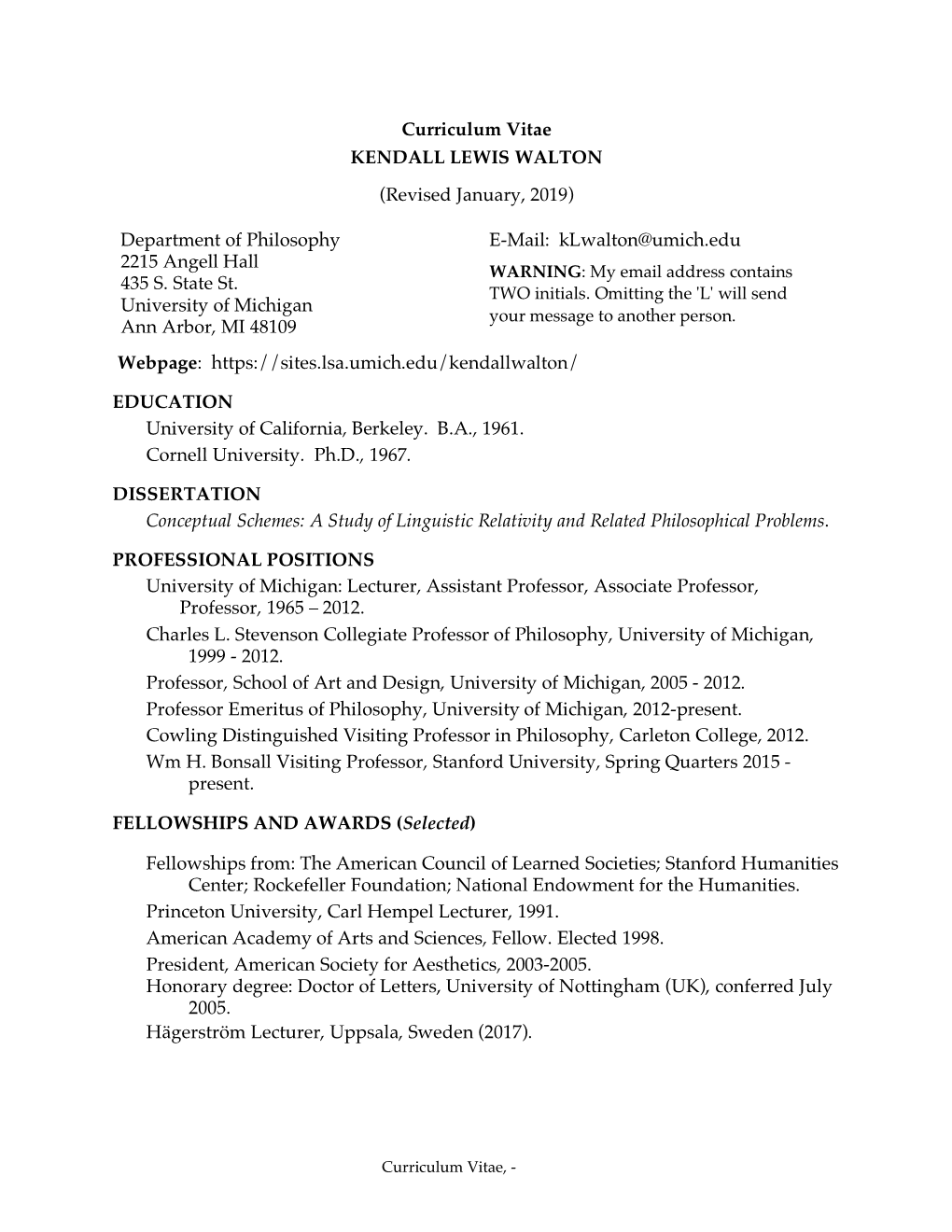 Curriculum Vitae KENDALL LEWIS WALTON (Revised January, 2019)