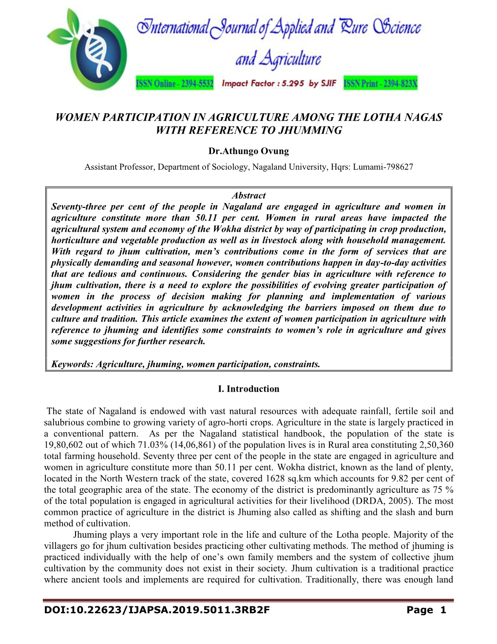 Women Participation in Agriculture Among the Lotha Nagas with Reference to Jhumming